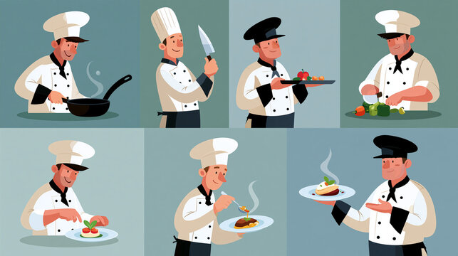 Professional vector collection featuring various chef poses, cooking in a frying pan, holding a serving tray, chopping vegetables, decorating food, tasting a meal and presenting a