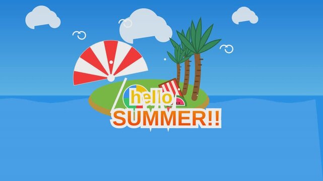 Hello summer animation featuring tropical island palm trees and floating beach gear.