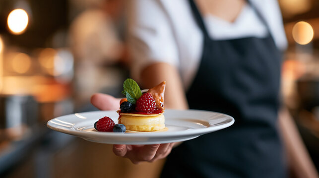 Chef presenting a gourmet dessert on a white plate, fine dining concept for a restaurant menu or culinary blog, delicious pastry art, with copy space