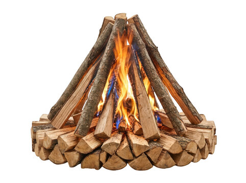 Campfire with burning logs arranged in a cone shape isolated on transparent background