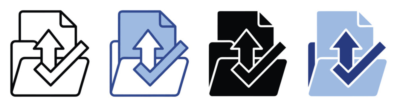 Set of file upload and approved document icons for successful data management