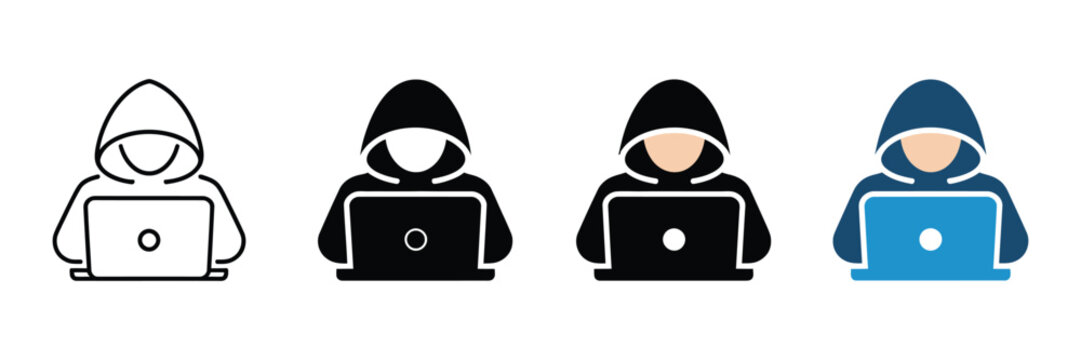 Cybersecurity hacker icon set, hooded programmer at laptop vector, anonymous criminal user symbols, 4 digital security avatars