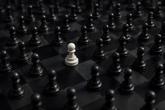 White Chess Pawn Moving Against Black Pawns, Leadership and Independent Thinking Concept