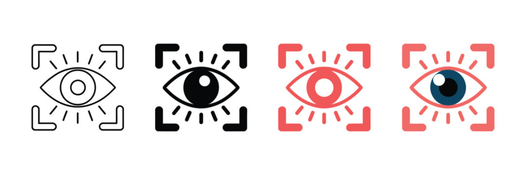 Biometric eye scan icons, digital retina recognition symbols, set of 4 security vision vector assets for identity verification