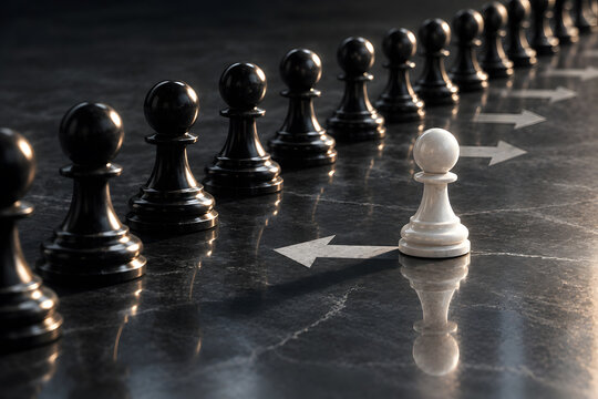 White Chess Pawn Moving Against Black Pawns, Leadership and Independent Thinking Concept
