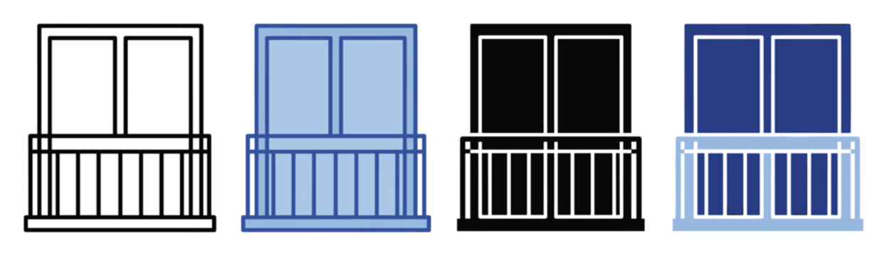 Set of flat balcony icons in outline, solid, and colored styles for architectural use.