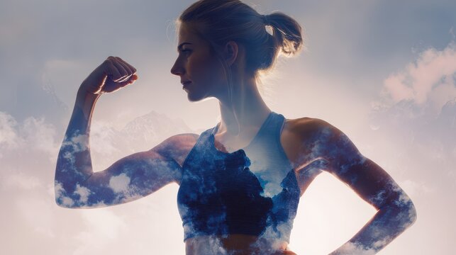 Woman flexing bicep in silhouette against sky with clouds concept of strength and aspiration