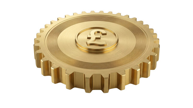 Golden gear with a british pound sterling symbol isolated on transparent background