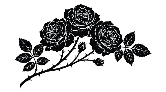 Detailed rose flower branch vector silhouette featuring full blooms rosebuds thorns and leaves isolated on white background