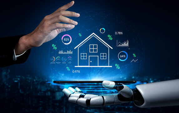 Futuristic Concept of Real Estate Technology with Robotic Hand Interacting with House Icon and Data Visualizations in Digital Environment. Entropy.