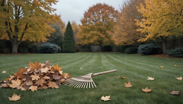 Garden rake sitting on neatly mown lawn with pile of fallen maple leaves.