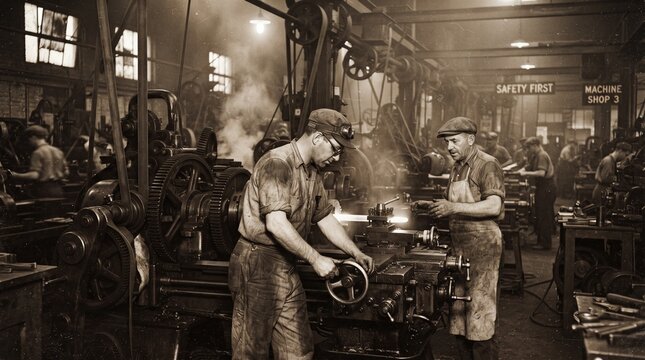 Vintage sepia photo of civilian workers operating machinery in wartime factory