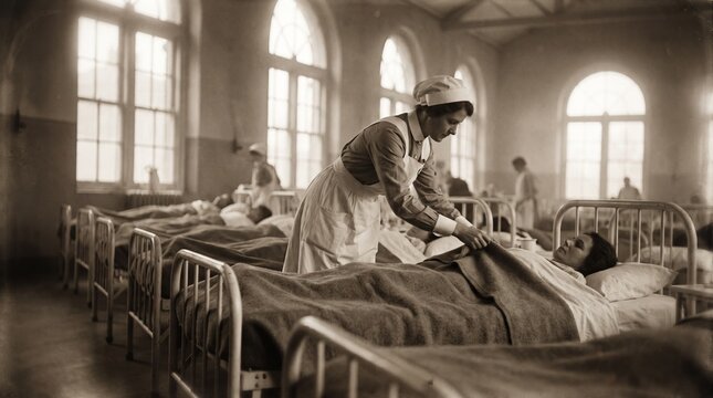 Sepia documentary photo of nurses tending patients in wartime hospital ward
