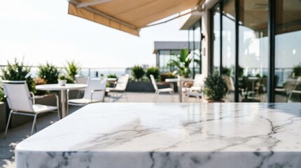 Fototapeta premium Modern Rooftop Terrace with Marble Table and Outdoor Seating for Lifestyle Design