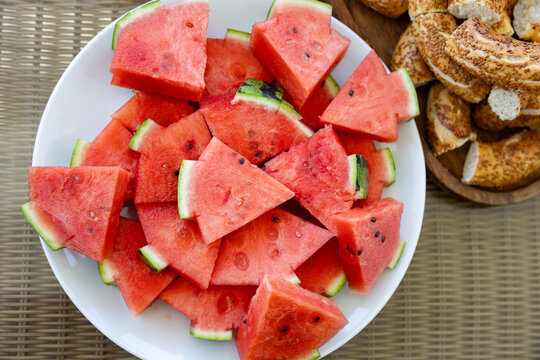 Watermelon slices on skewers in close-up food display