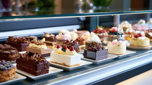 Assortment of delicious cakes and pastries displayed in a glass showcase at a bakery or cafe. Fresh desserts with berries, cream, and chocolate on plates.