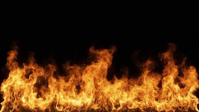Energetic orange fire flames dancing in darkness with cinematic motion and copy space