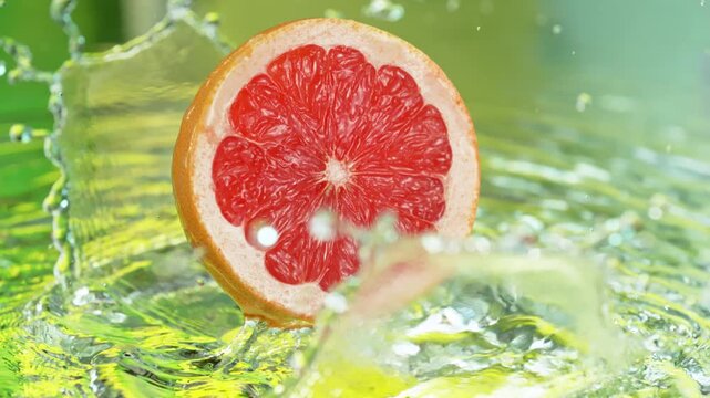 Super Slow Motion Shot of Pink Grapefruit Falling into Water and Making Splash at 1000fps.