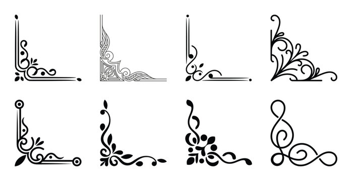 Selection of eight ornate corner borders for classic page decoration and paper frames.