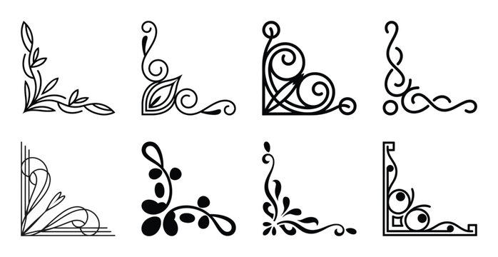 Collection of ornate corner flourishes for graphic design and invitations.
