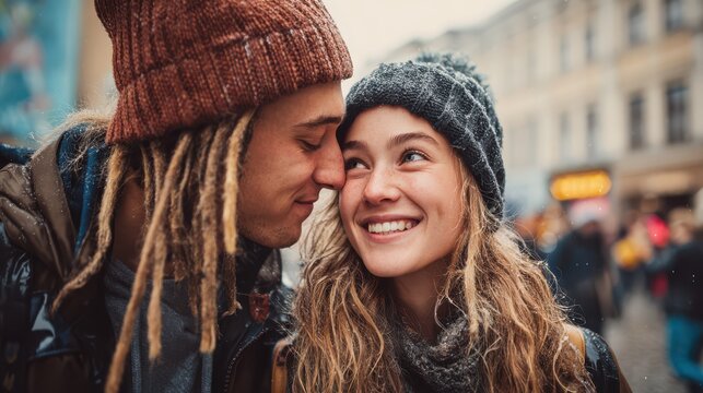 Young couple in winter hats smiling intimately with blurred city street background during daylight