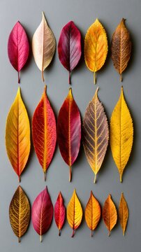 Leaves are arranged in a tidy grid by color and size on a gray surface during the autumn season, creating an organized display.