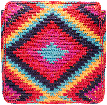 Vibrant Woven Textile with Geometric Pattern and Colorful Raffia Texture