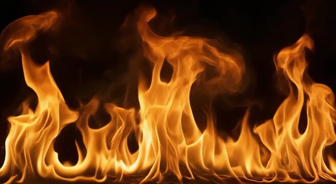 Fiery Flames Dancing Against Black Background with Energetic Motion and Warm Glow