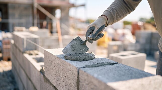 Bricklayer hand using trowel applying wet cement mortar on concrete block wall closeup building construction site industrial work concept