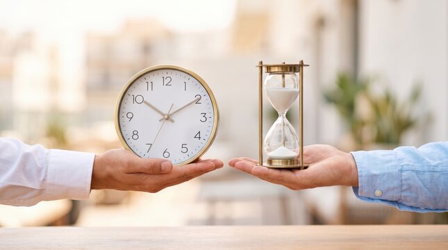 Two hands holding round clock and hourglass side by side business deadline time management decision efficiency control measurement past future balance concept