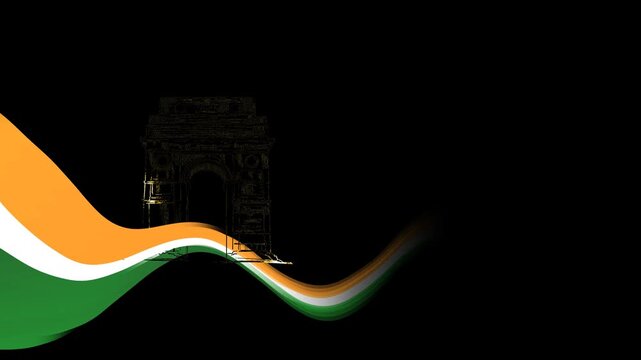 Detailed line art sketch of India Gate with wavy tricolor national flag elements on transparent background
