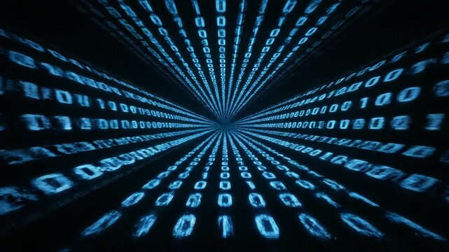 Abstract tunnel of glowing blue binary code moving forward. Digital data stream and computer programming concept. Cyberspace and big data background