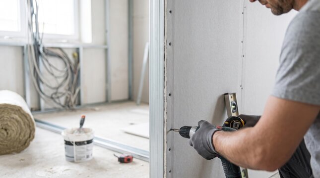 Builder installing drywall sheet using electric screwdriver close up modern apartment renovation construction worker mounting plasterboard wall frame