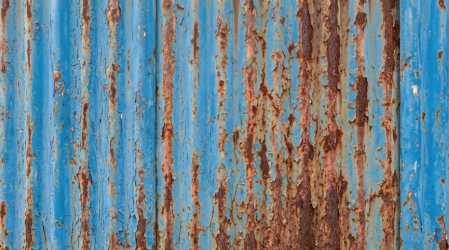 Old rusty blue corrugated metal sheet texture weathered iron wall background with peeling paint vintage industrial steel surface aged rust pattern