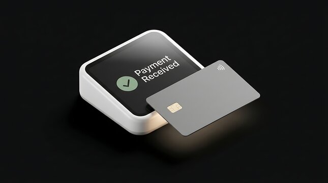 Modern payment terminal, contactless credit card transaction, successful payment received, secure financial technology for retail and small business.