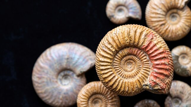 Ancient fossilized ammonite shell fossils with spiral pattern structure isolated on dark background for geology paleontology history research science