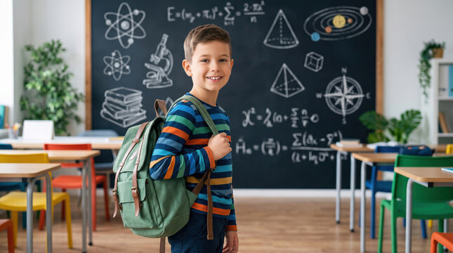 Smart elementary schoolboy with green schoolbag in classroom background with math formulas, back to school concept banner