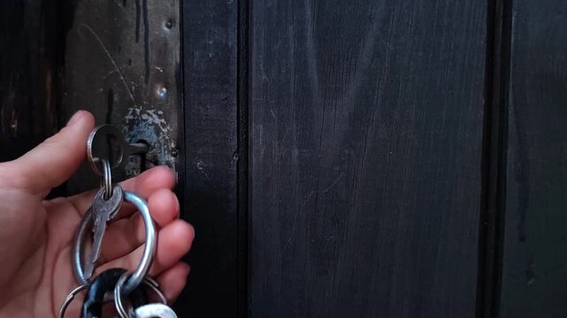 woman turning a key in an old dark wooden door lock, rustic security hardware, property access, vintage entrance, close up.