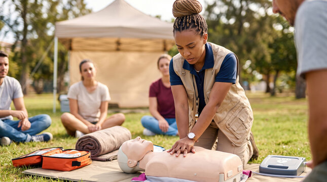Female first aid instructor demonstrating CPR chest compressions on mannequin dummy during outdoor training course