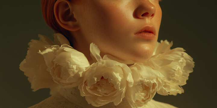 Close-up of a person's face with rosy cheeks and plump lips, wearing a ruffled collar adorned with white flowers. The lighting casts a warm glow on their skin