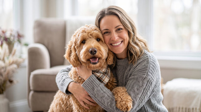 Happy young woman embracing cute furry golden doodle pet dog at home living room, animal companionship and love concept