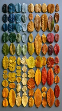 Autumn leaves are arranged in a grid on a gray backdrop, sorted by color and size. This display captures the essence of fall in an organized manner.