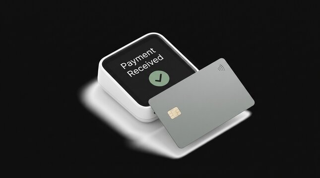 Modern payment received confirmation, a sleek credit card reader with a successful transaction display. Secure digital payment processing, contactless card terminal for retail and e-commerce.