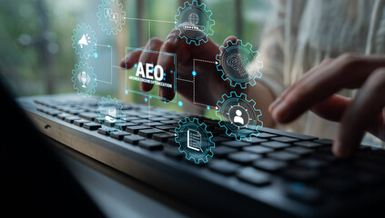 Obraz premium Innovative Technology Interface for Digital Communication with Hands Typing on Keyboard Surrounded by Interactive Business Icons and Data Visualizations. Glyphic.