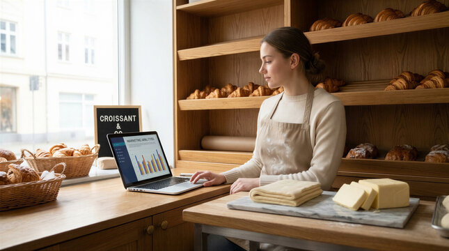 Young female baker checking marketing analytics on a laptop inside a local artisan bakery shop.
