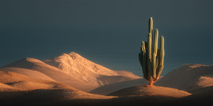 A lone saguaro cactus stands tall in a vast desert landscape under a dramatic sky. The sun casts long shadows across the sand dunes, highlighting the textures of the arid environment