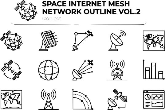 Space Internet and Mesh Network Outline Icon Set Vol 2 with LEO Satellite Mesh, Phased Array Antenna, Laser Inter-Satellite Link and Beam Steering, 15 Icons Editable Strokes