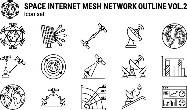 Space Internet and Mesh Network Outline Icon Set Vol 2 with LEO Satellite Mesh, Phased Array Antenna, Laser Inter-Satellite Link and Beam Steering, 15 Icons Editable Strokes