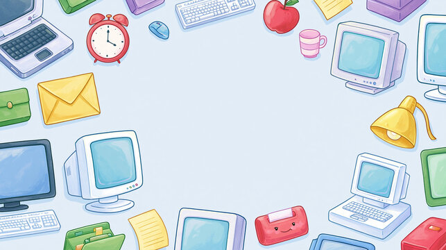 Colorful illustration of vintage office supplies and tech items on soft background.