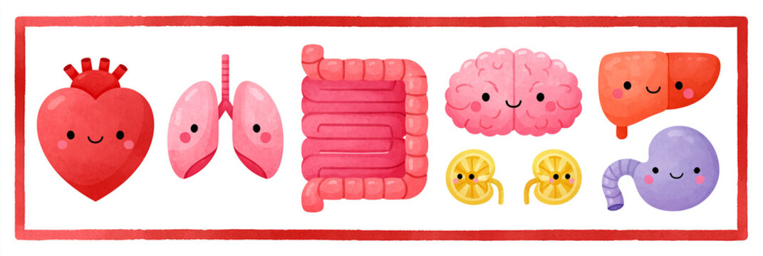 Cute cartoon organs with smiling faces, perfect for children's educational themes.